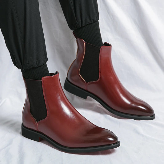 Men Two Tone Slip-On Chelsea Boots Vintage Outdoor Red Ankle Boots