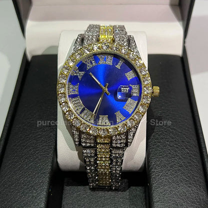 Luxury Shiny Rhinestones Men Customized Band Length Hip Hop Watch Clock Iced Out Steel Belt 40mm Diameter Glass Dial