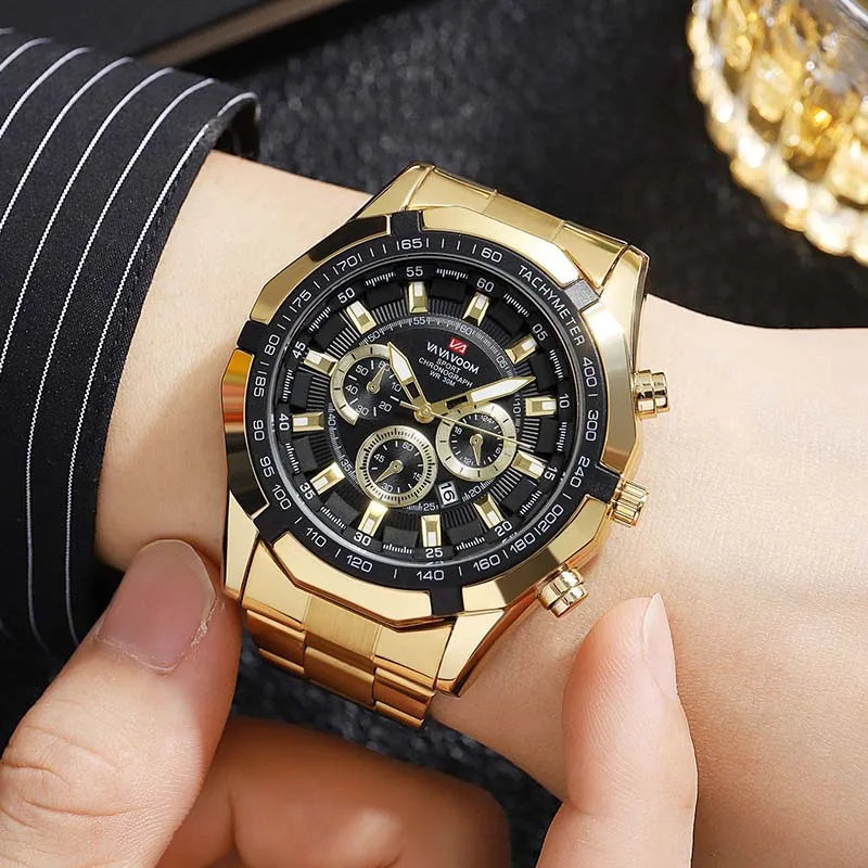 Business Stainless Steel Mens Watch Brand Luxury Sports Waterproof Quartz Wristwatches Man Calendar Luminous Gold Watch Men 2023