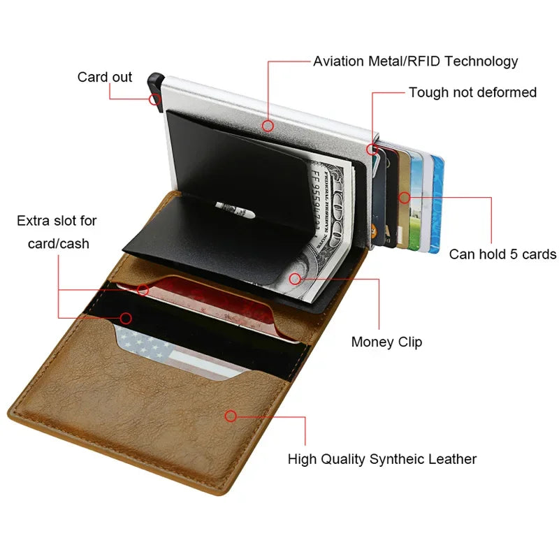 DIENQI Carbon Rfid Wallet Male Money Card Holder Pocket Mini Slim Wallet Women Men Smart Purses Automatic Pop Up Valet Walet