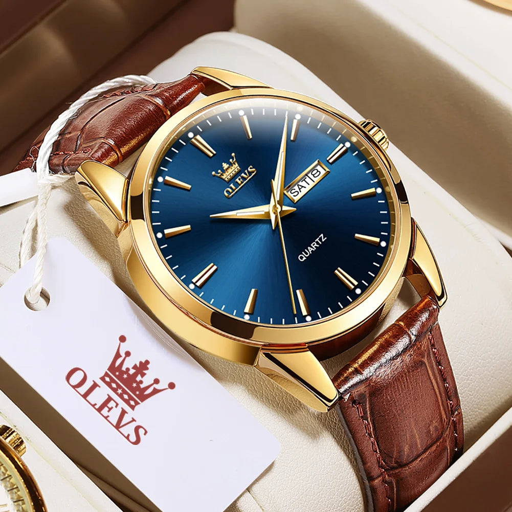 OLVES Top Brand Men's Watches Original Simple Blue Face Quartz Wristwatch for Man Waterproof Leather Strap Business Watch Casual