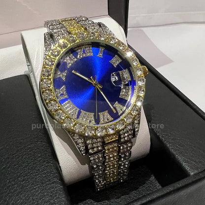 Luxury Shiny Rhinestones Men Customized Band Length Hip Hop Watch Clock Iced Out Steel Belt 40mm Diameter Glass Dial