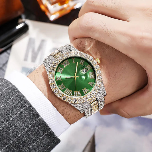 Luxury Shiny Rhinestones Men Customized Band Length Hip Hop Watch Clock Iced Out Steel Belt 40mm Diameter Glass Dial