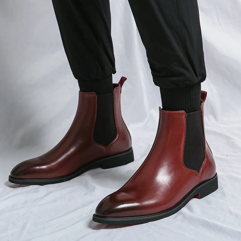 Men Two Tone Slip-On Chelsea Boots Vintage Outdoor Red Ankle Boots