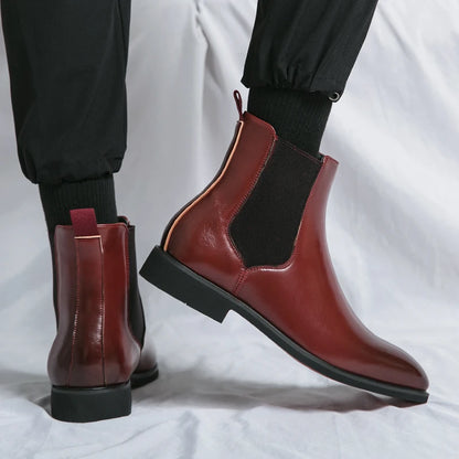 Men Two Tone Slip-On Chelsea Boots Vintage Outdoor Red Ankle Boots