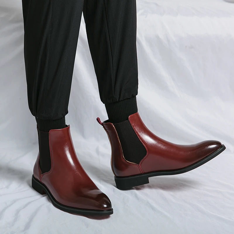 Men Two Tone Slip-On Chelsea Boots Vintage Outdoor Red Ankle Boots