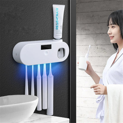 Solar Energy UV Toothbrush Holder Toothpaste Dispenser Bathroom Toothbrush Storage Box Multi-function Storage Holder USB Charge