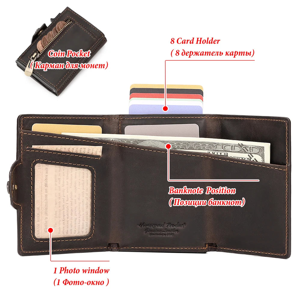 Anti-scan Magnet Credit Card Holder Wallet Genuine Leather Automatic Pop Out Aluminum Smart Wallets Luxury AirTag Purse Set