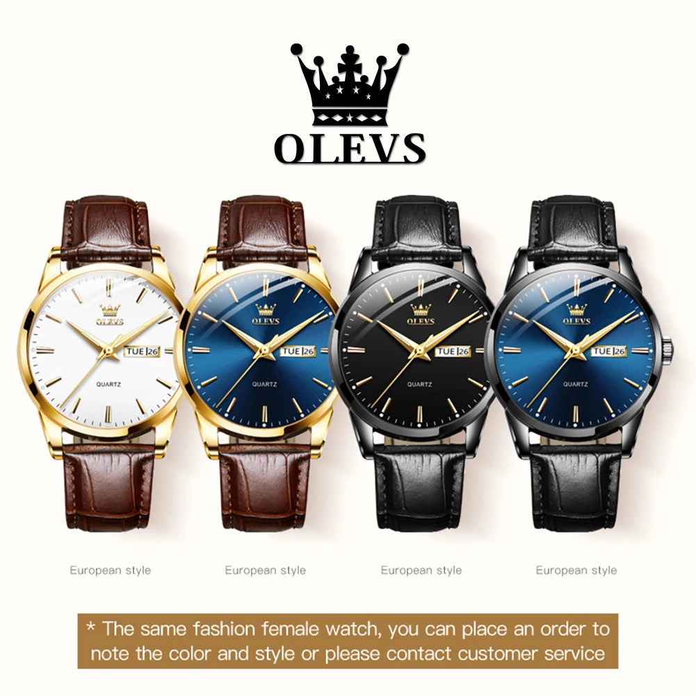 OLVES Top Brand Men's Watches Original Simple Blue Face Quartz Wristwatch for Man Waterproof Leather Strap Business Watch Casual