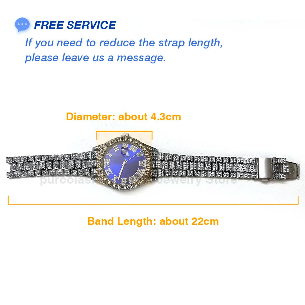 Luxury Shiny Rhinestones Men Customized Band Length Hip Hop Watch Clock Iced Out Steel Belt 40mm Diameter Glass Dial