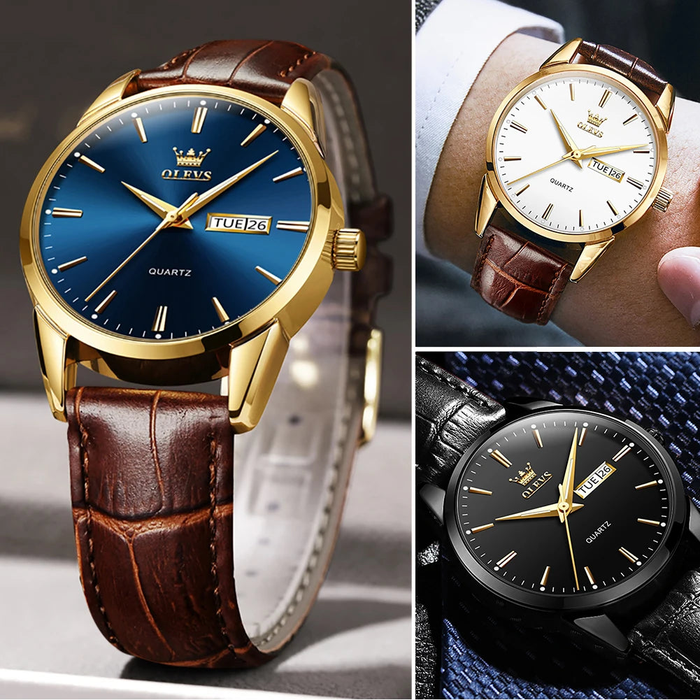 OLVES Top Brand Men's Watches Original Simple Blue Face Quartz Wristwatch for Man Waterproof Leather Strap Business Watch Casual