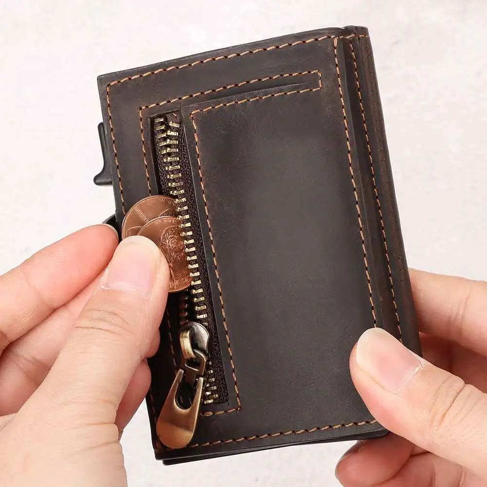 Anti-scan Magnet Credit Card Holder Wallet Genuine Leather Automatic Pop Out Aluminum Smart Wallets Luxury AirTag Purse Set