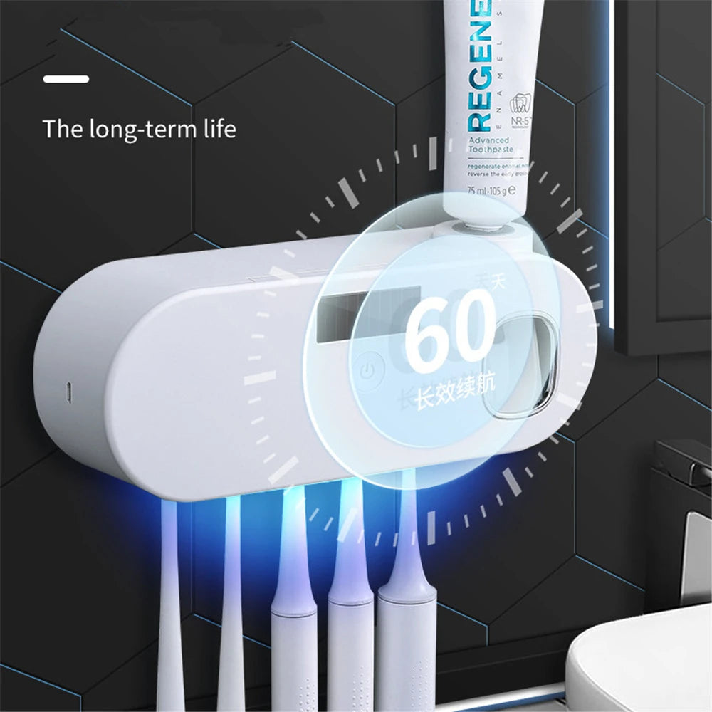 Solar Energy UV Toothbrush Holder Toothpaste Dispenser Bathroom Toothbrush Storage Box Multi-function Storage Holder USB Charge